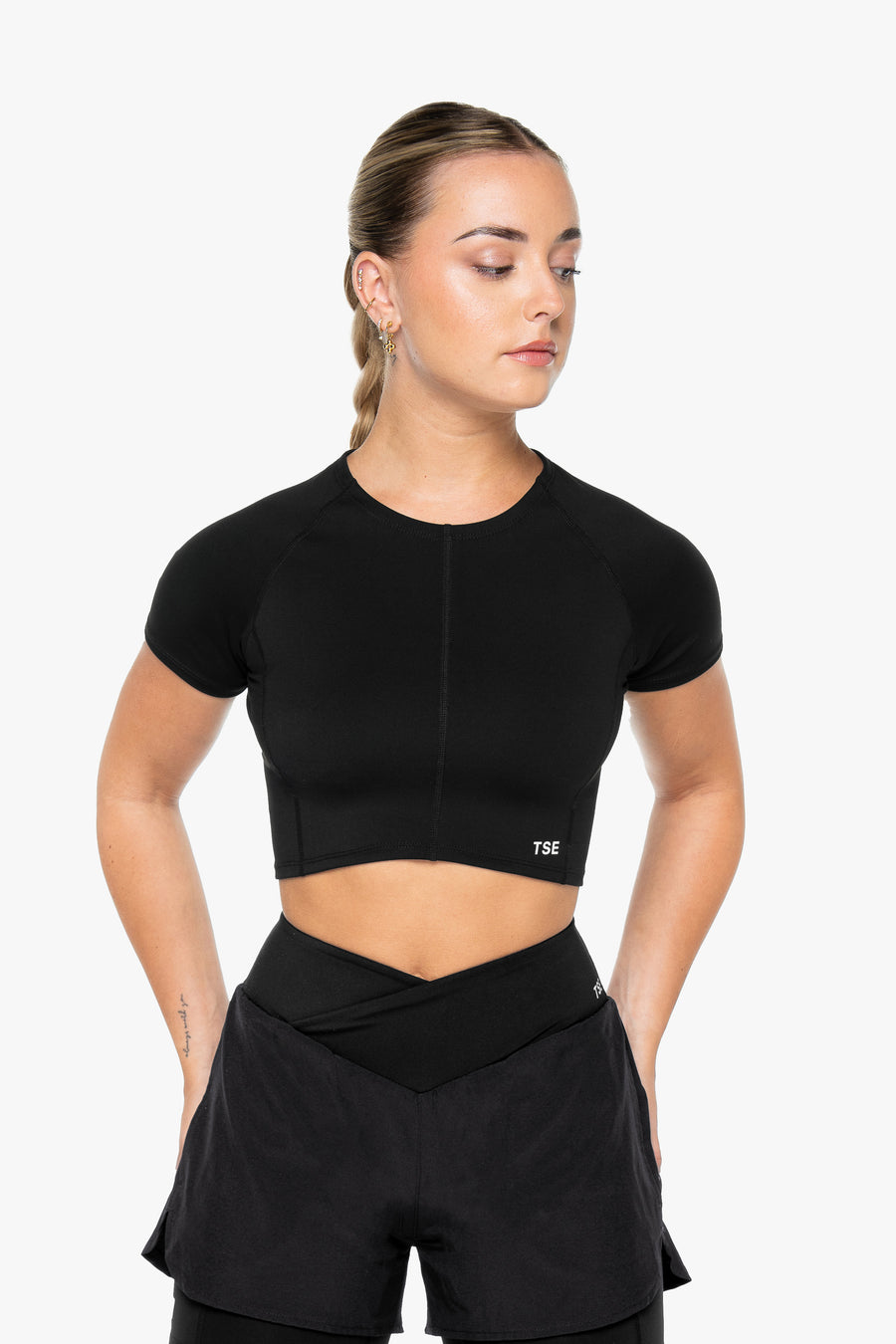 TOP POWER CROP MANCHES COURTES SMOOTH-FIT - BLACK