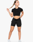 TOP POWER CROP MANCHES COURTES SMOOTH-FIT - BLACK